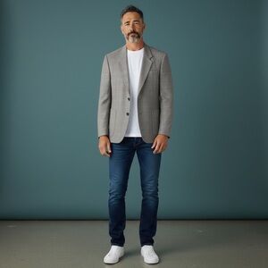 Pierre Balmain Tan-Gray Plaid Sports Coat in Size 46 Regular (Silk-Wool) Blend‎